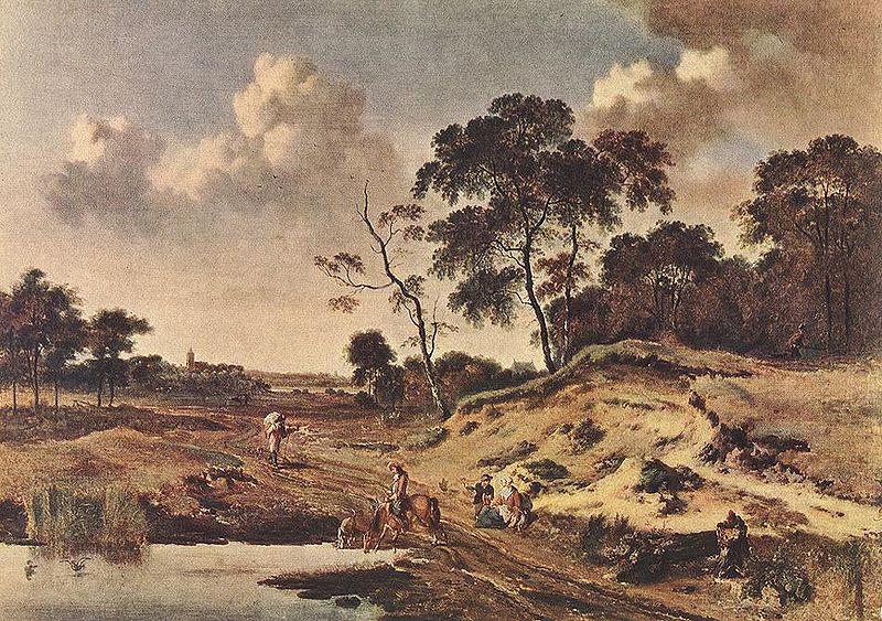 Jan Wijnants Landschap met reizigers op een weg langs een watertje